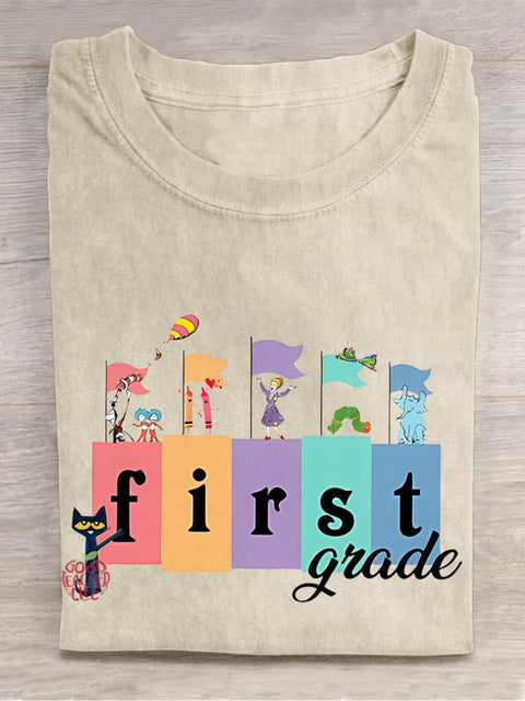 First Grade Pete The Cat Teacher Casual Print T-shirt