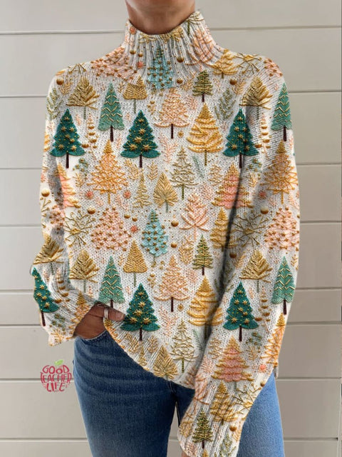 Women's Lovely Christmas Tree Art Print Knit Turtleneck Pullover Sweater