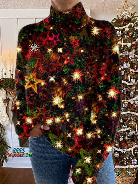 Glitter Christmas Print Knit Turtleneck Pullover Sweater