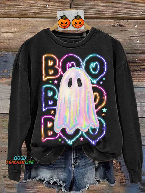 Retro Cute Colorful Neon Boo Ghost Neon Halloween Print Sweatshirt