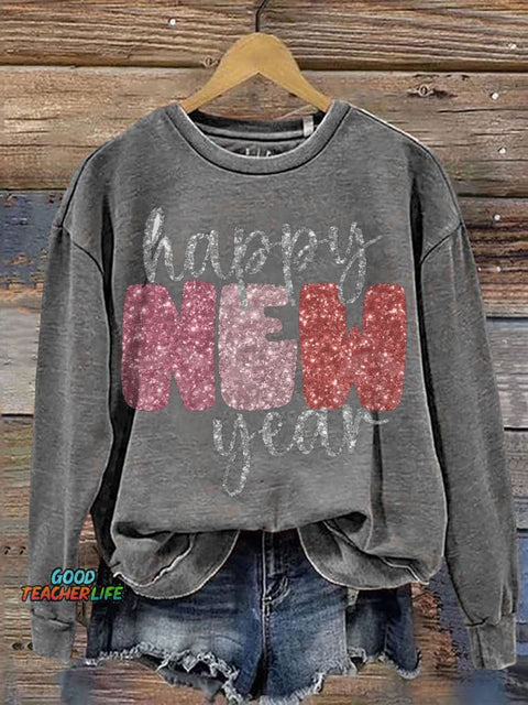 Happy New Year Casual Print Sweatshirt