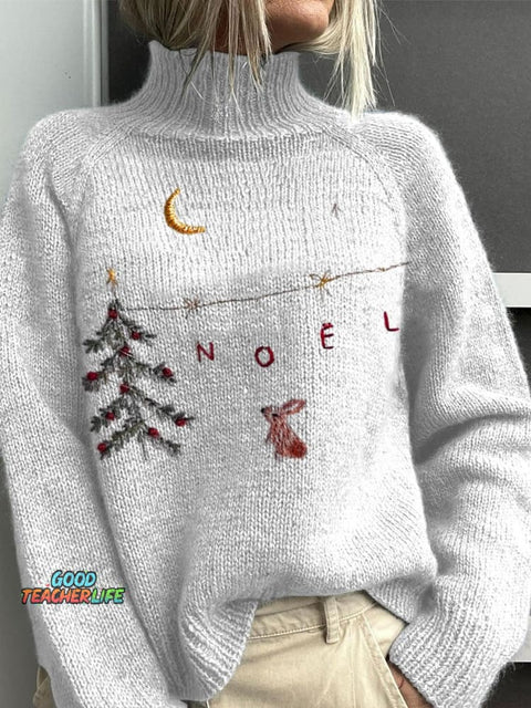 Embroidery  Christmas Art Print Knit Turtleneck Pullover Sweater
