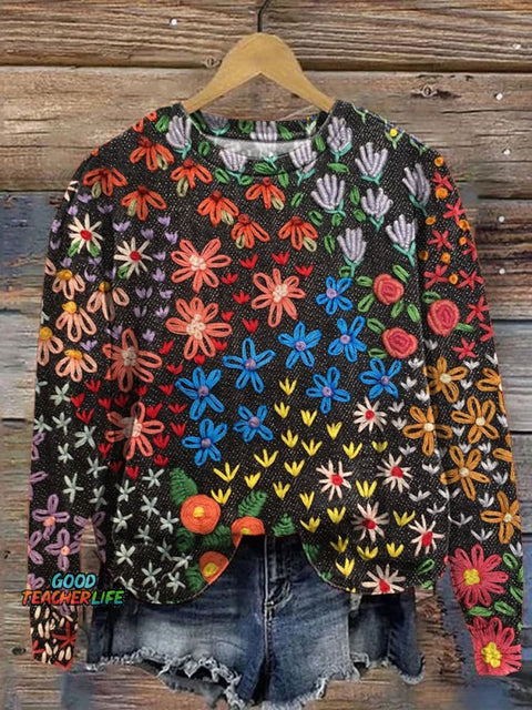 Sweet Embroidery Floral Art Printed Casual Sweatshirt