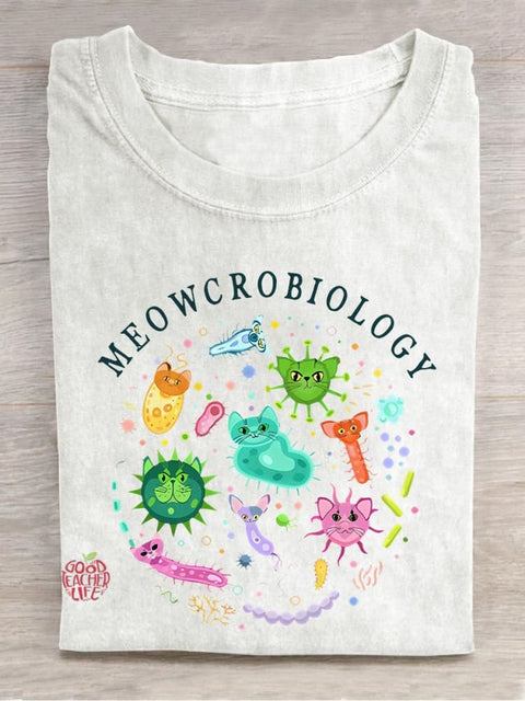 Meowcrobiology Cat Virus Teacher Casual Print T-shirt