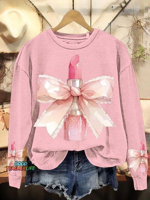 Christmas Bow Pink Lipstick Casual Sweatshirt