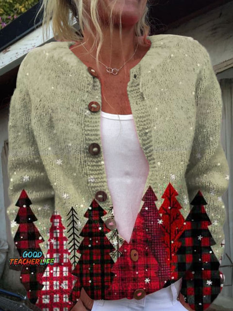 Christmas Tree Print Buttoned Cardigan Sweater