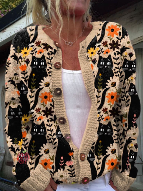 Black Cat Floral Art Print Buttoned Cardigan Sweater