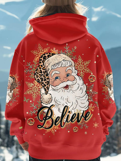 Women's Believe Santa Claus Christmas All Over Print Casual Hoodie Sweatshirt