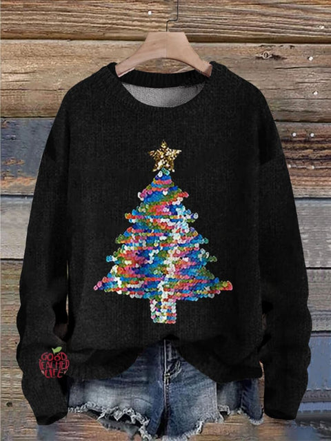 Christmas Tree Jewelry Art Sequins Print Knit Pullover Sweater