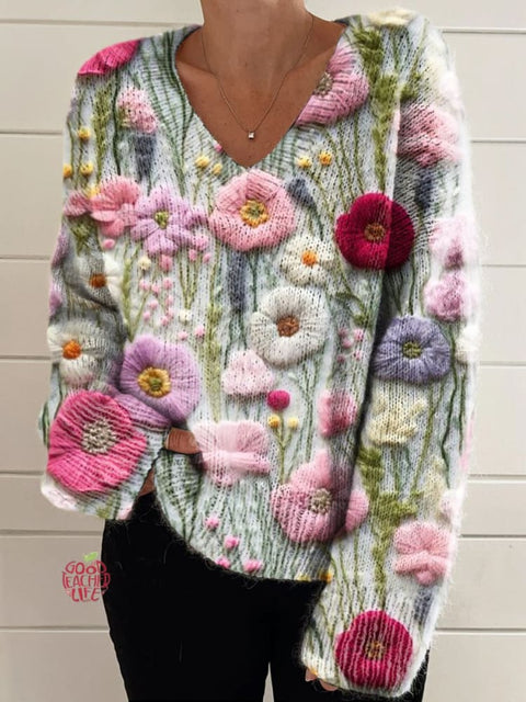 Women's Three-dimensional Flowers Print Casual V-neck Pullover Knit