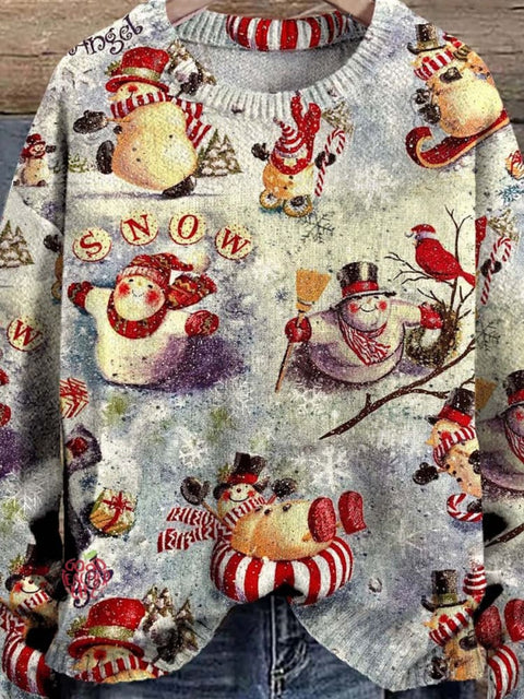 Christmas Cute Snowman Decorations Art Print Casual Knit Pullover Sweater