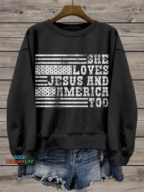Retro USA She Loves Jesus And America Too Casual Print Sweatshirt