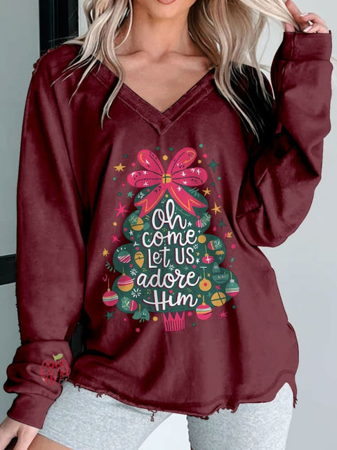 Women's Oh Come Let Us Adore Him Coquette Christmas Tree Print Long Sleeve V-neck Comfortable Cotton Shirt