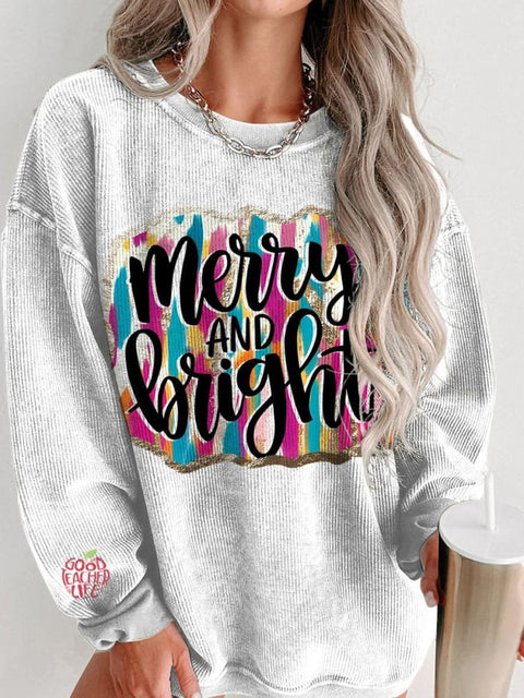 Christmas Merry and Bright Brush Strokes Women's  Casual Print Corduroy Sweatshirt