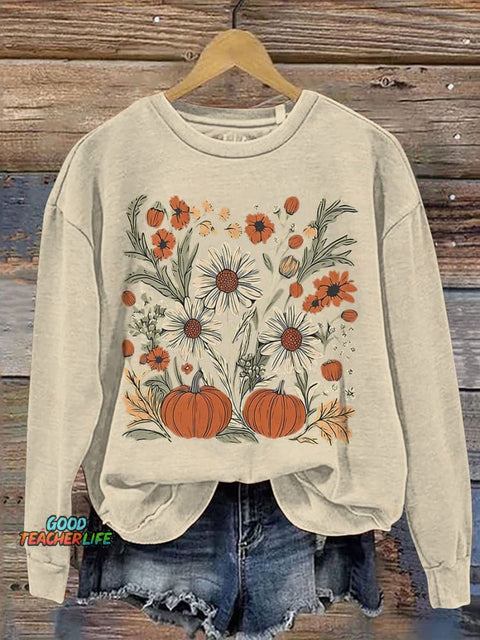 Leopard Pink Pumpkin Boho Floral Fall Casual Print Sweatshirt