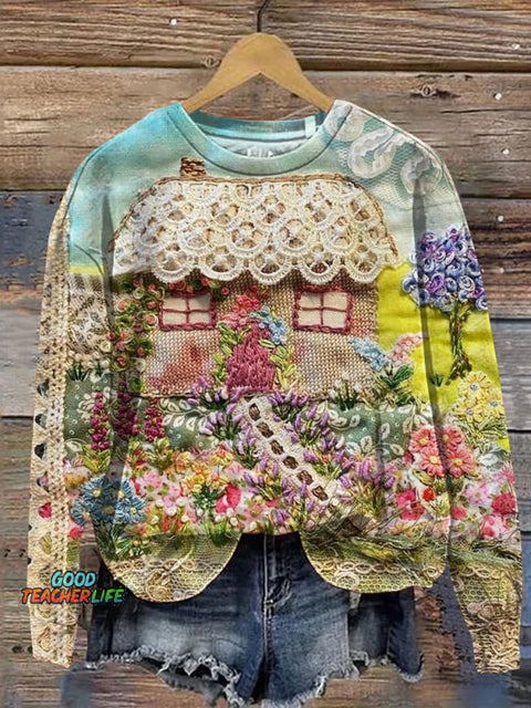 Retro Flowers Patchwork Art Print Casual Sweatshirt
