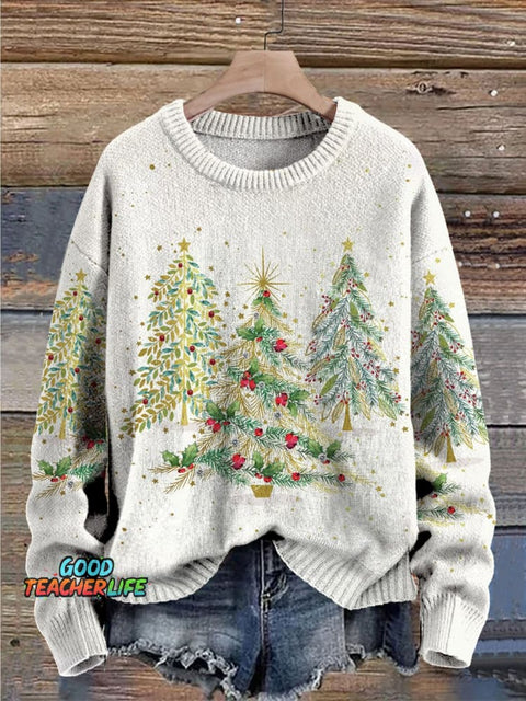 Christmas Tree Print Knit Pullover Sweater