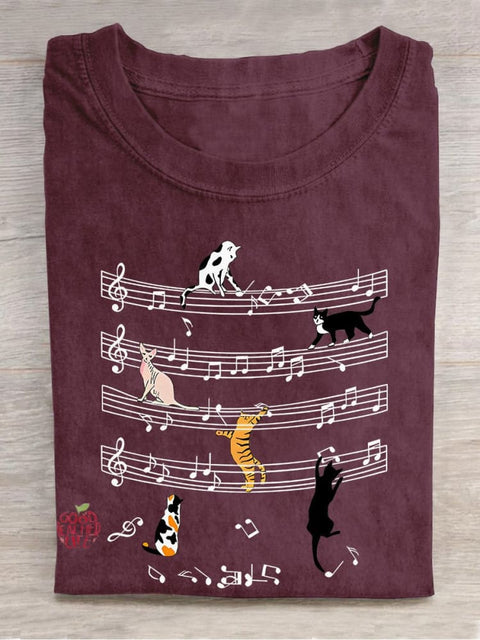 Cats And Music Casual Print T-shirt