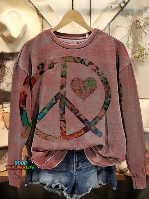 Hippie Peace Sign Love and Peace Heart Shape Casual Sweatshirt