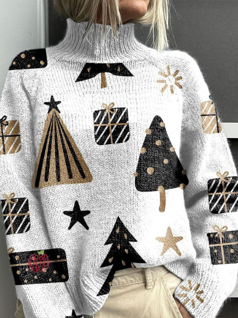 Black Christmas Tree Christmas Print Knit Turtleneck Pullover Sweater