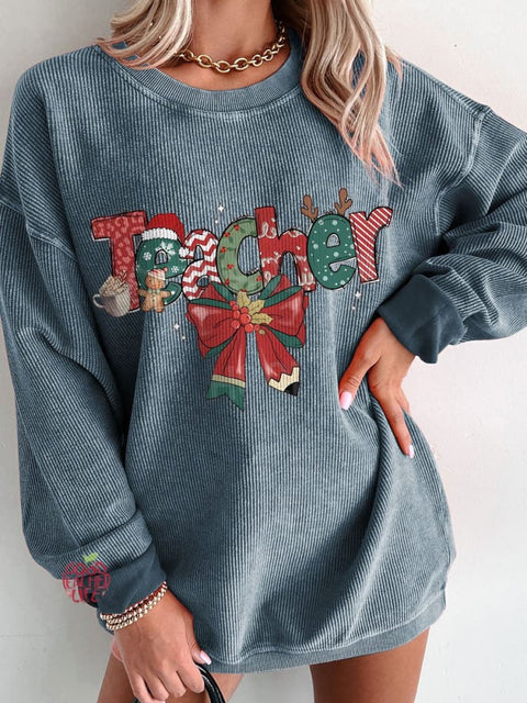 Women's Christmas Teacher Casual Print Corduroy Sweatshirt