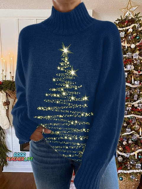Glitter Christmas Print Knit Turtleneck Pullover Sweater