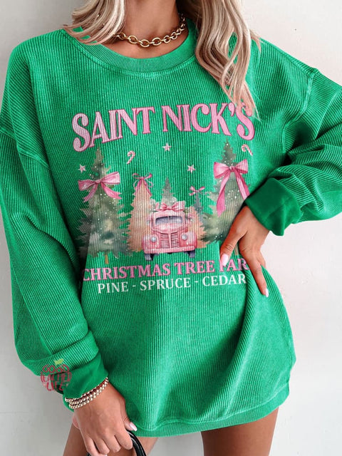 Women's Coquette Pink Christmas Tree Farm Casual Print Sweatshirt