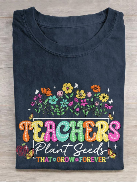 Floral Teacher Casual Print T-shirt