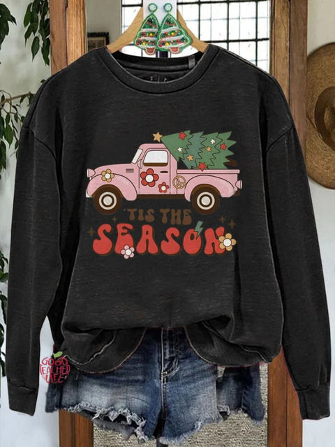 Pink Car Christmas Tree Print Casual Sweatshirt