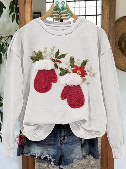 Wool Glove Print Christmas Casual Sweatshirt