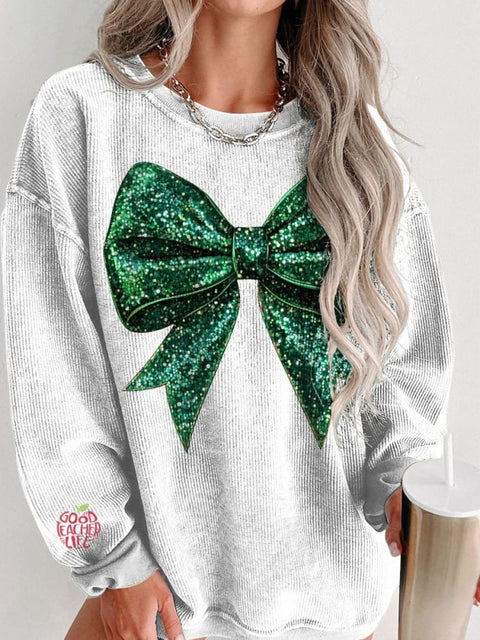 Green Christmas Glitter Bow Print Women's Casual Sweatshirt