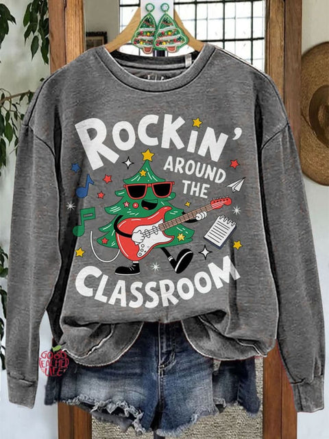 Rockin Around The Classroom Retro Teacher Christmas Casual Sweatshirt