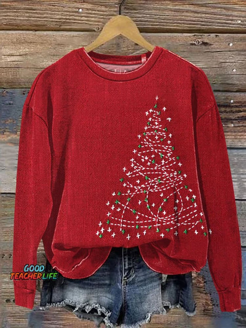 Embroidery Christmas Tree Art Print Casual Sweatshirt