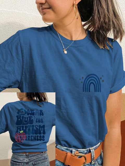 We Wear Blue for Autism Awareness Blue Rainbow Printing T-shirt