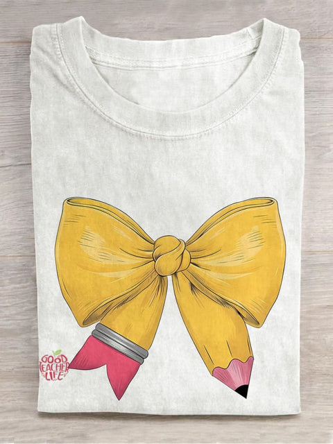 Coquette Pencil Bow Teacher Casual Print T-shirt