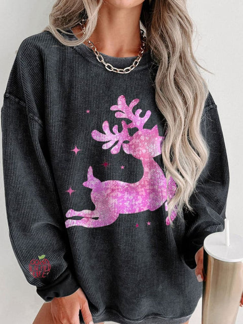 Women's Pink Girls Christmas Casual Print Corduroy Sweatshirt