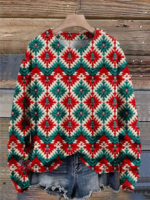 Christmas Gift Flower Pattern Art Print Knit Pullover Sweater