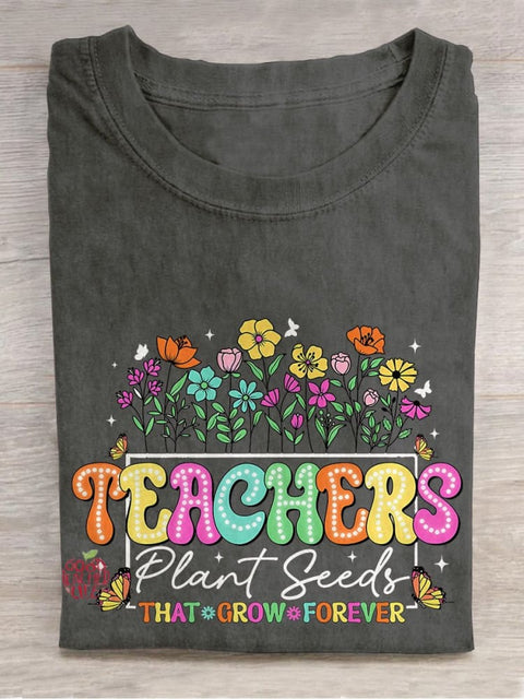 Floral Teacher Casual Print T-shirt