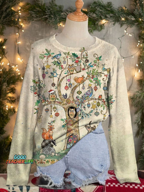 Festive Tree Art Print Knit Pullover Sweater