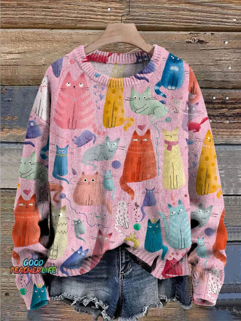 Colorful Cute Cats Art Pattern Print Casual Knit Pullover Sweater