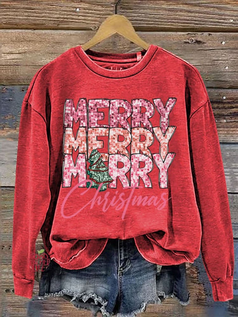 Merry Merry Merry Christmas Casual Print Sweatshirt