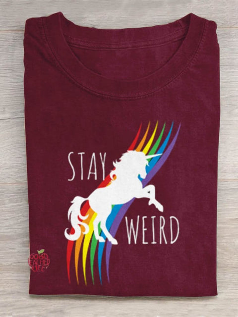 Rainbow Horse Stay Weird Art Print Design T-shirt