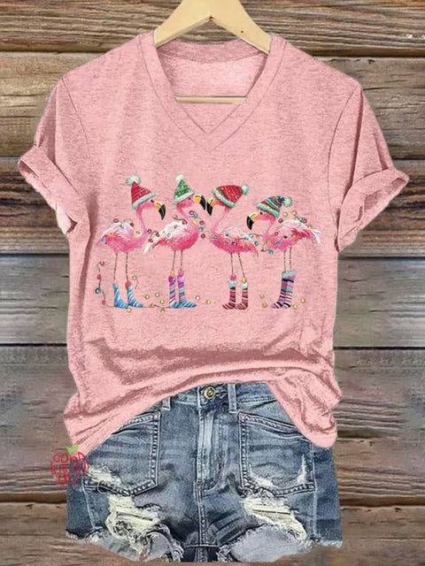 Women's Lovely Christmas Flamingo Art Print V-neck Casual T-Shirt