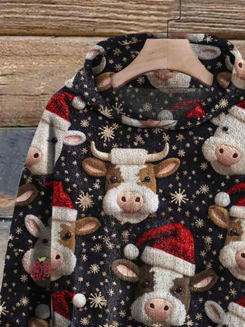 Christmas Cow Print Casual Knitted Hoodie Sweater