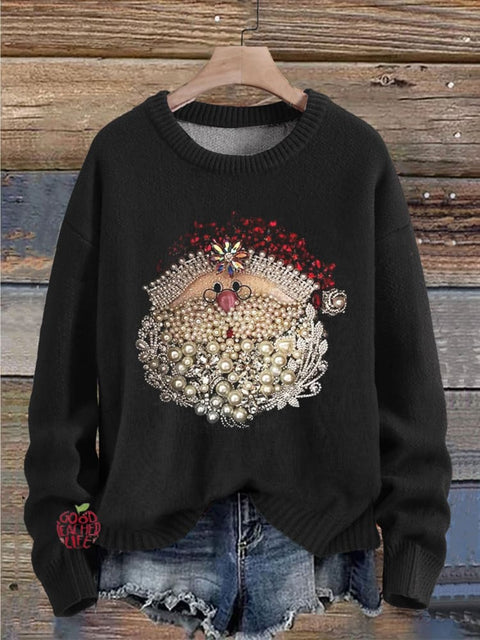 Christmas Pearls Jewelry Art Santa Claus Print Knit Pullover Sweater