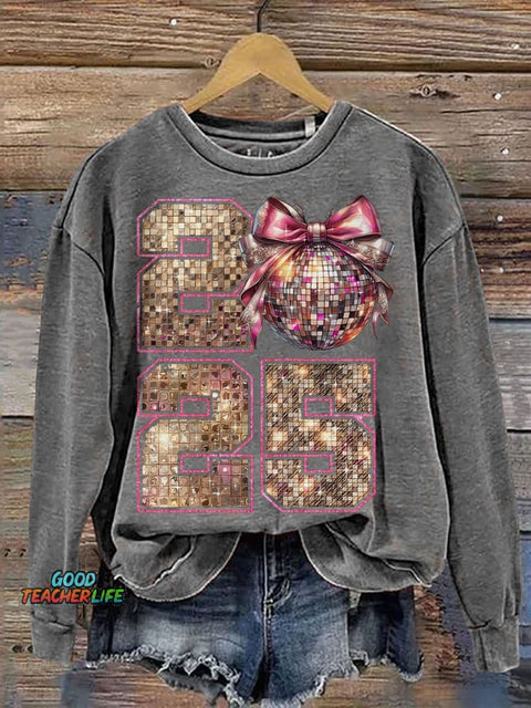 New Year 2025 Disco Ball Casual Print Sweatshirt