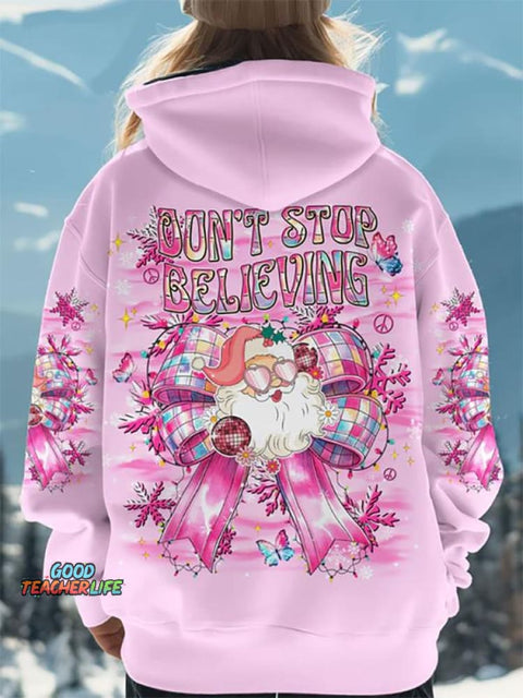 Women's Don't Stop Believing Christmas Bow Santa Claus All Over Print Casual Hoodie Sweatshirt