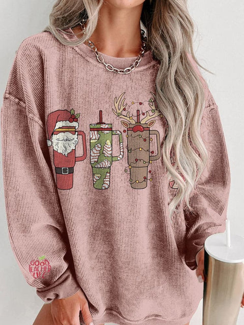 Christmas Retro Cup Women's  Casual Print Corduroy Sweatshirt