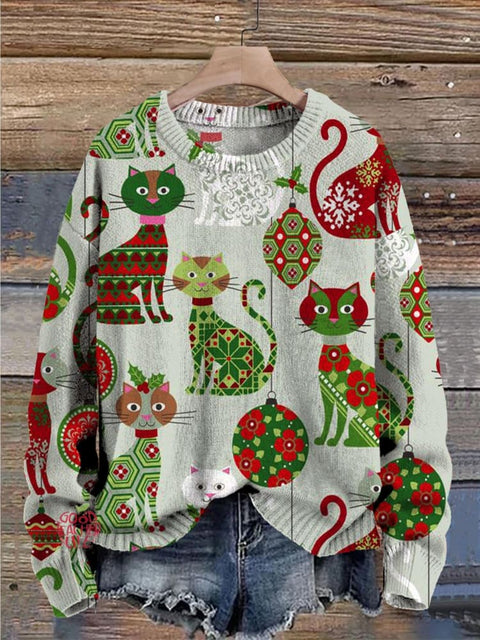 Christmas Cute Cats Decorations Art Print Casual Knit Pullover Sweater