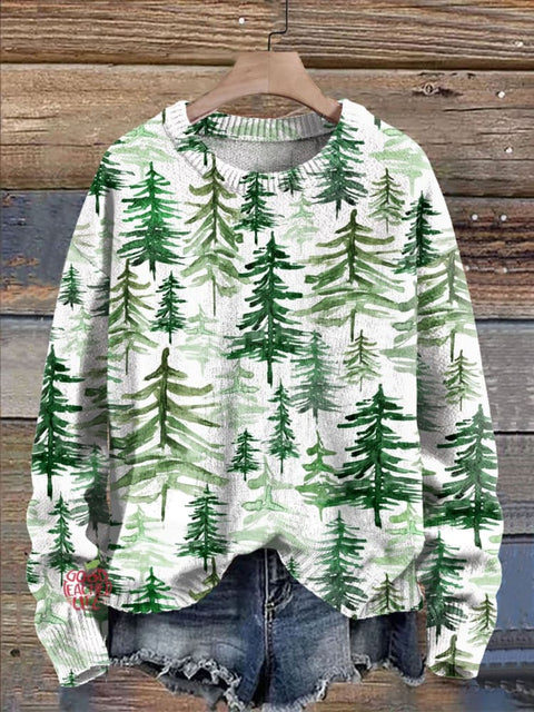 Christmas Forest Trees Print Knit Pullover Sweater